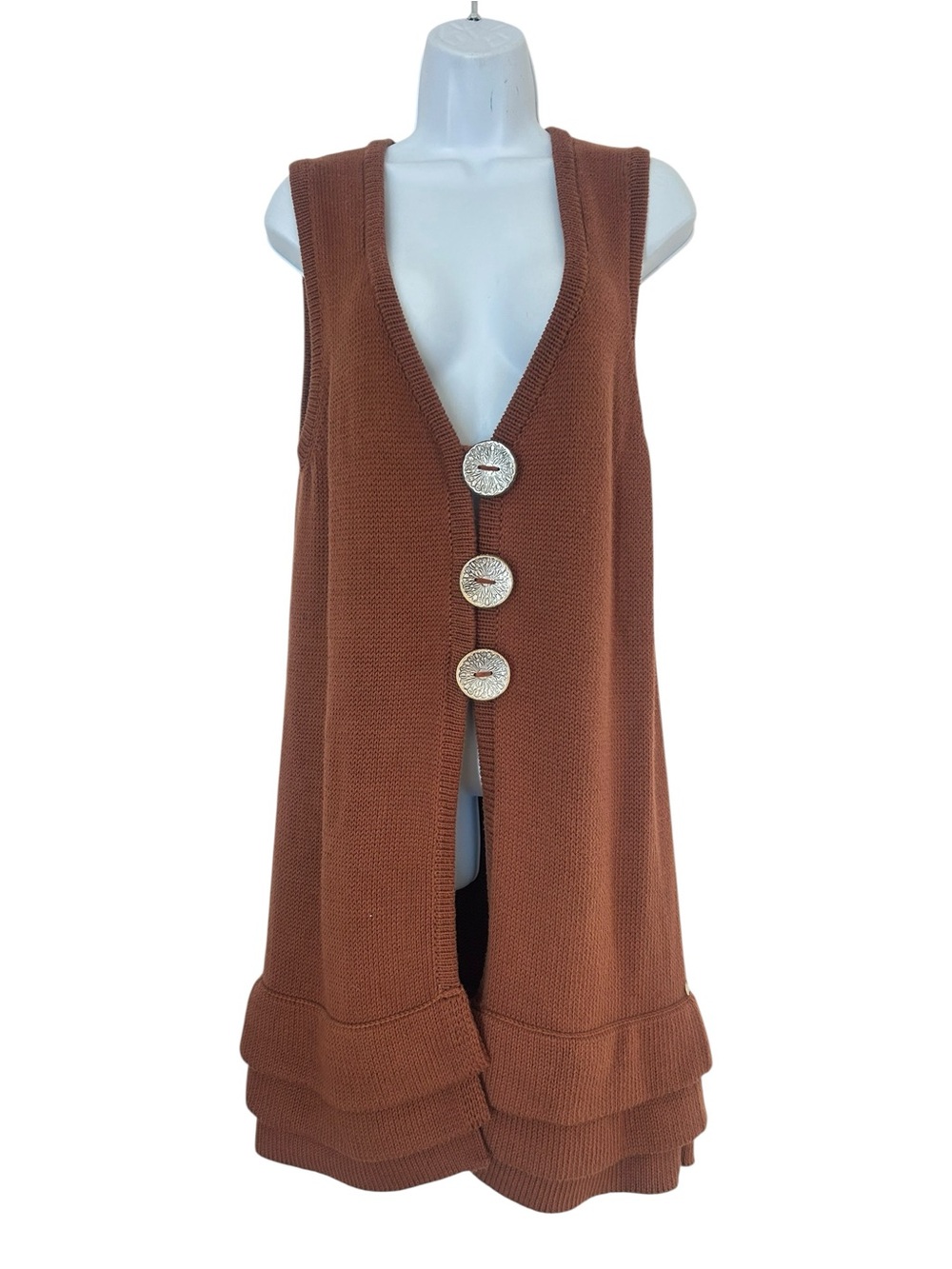 Pure Handknit Brown Longline Button-Front Cardigan Vest Size M/L Lagenlook